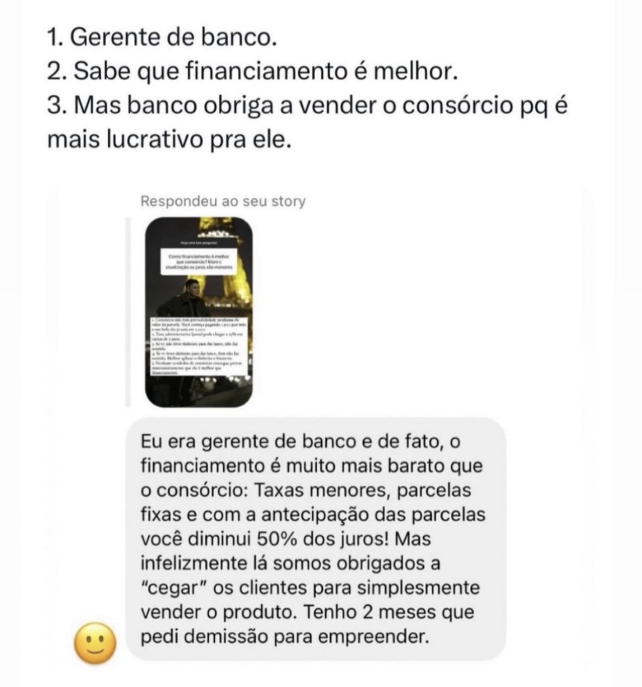 Print sobre gerente de banco, financiamento e venda de consórcio